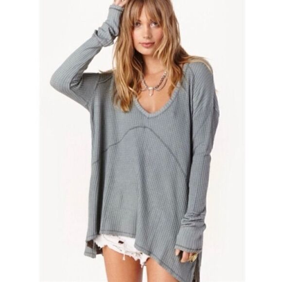 Free People Sunset Park Tunic Drippy Thermal Gray Waffle Knit Distressed Small - Picture 2 of 8